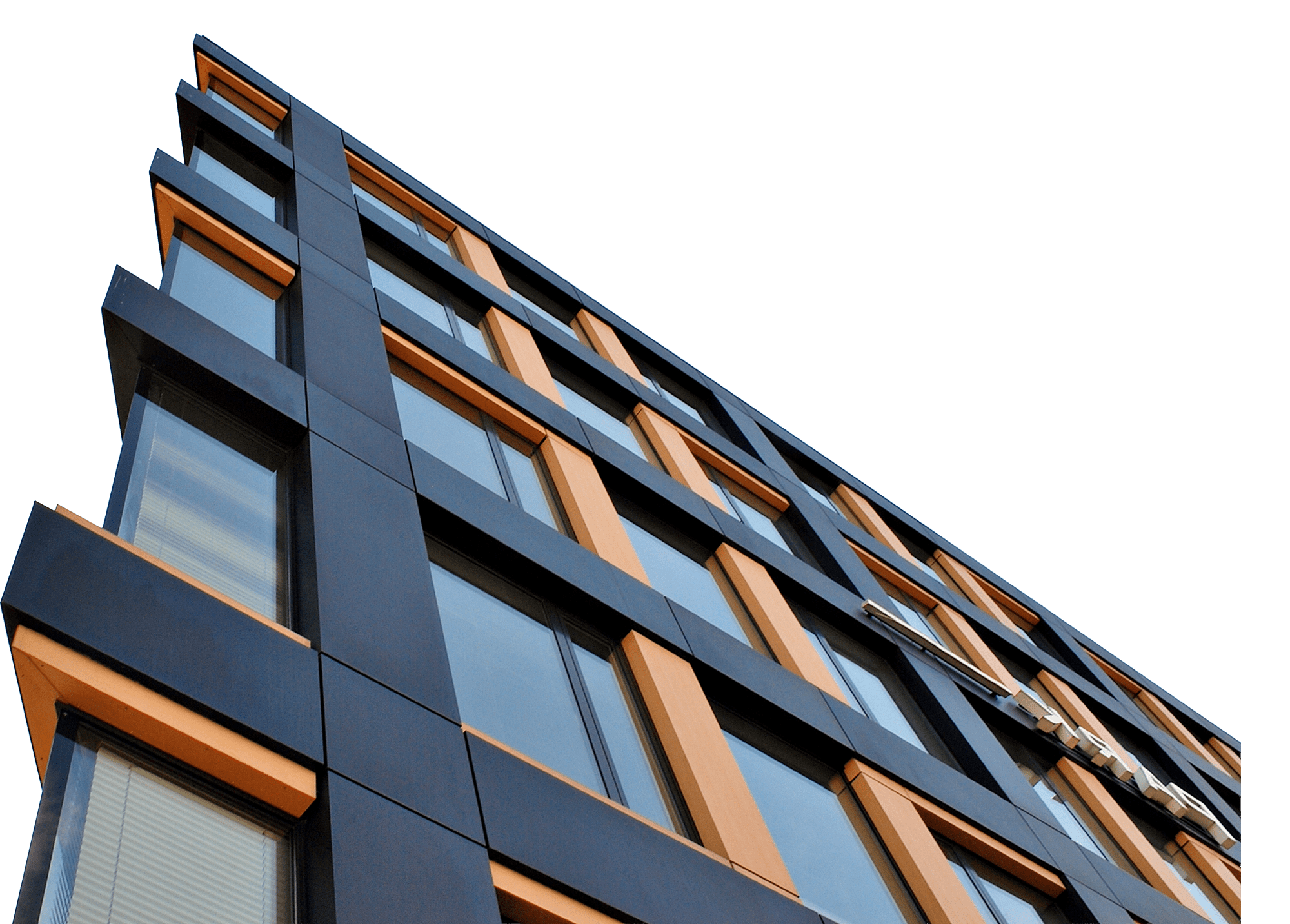 Modern architectural design features a sleek building facade with contrasting black and orange panels, emphasizing clean lines and large windows.